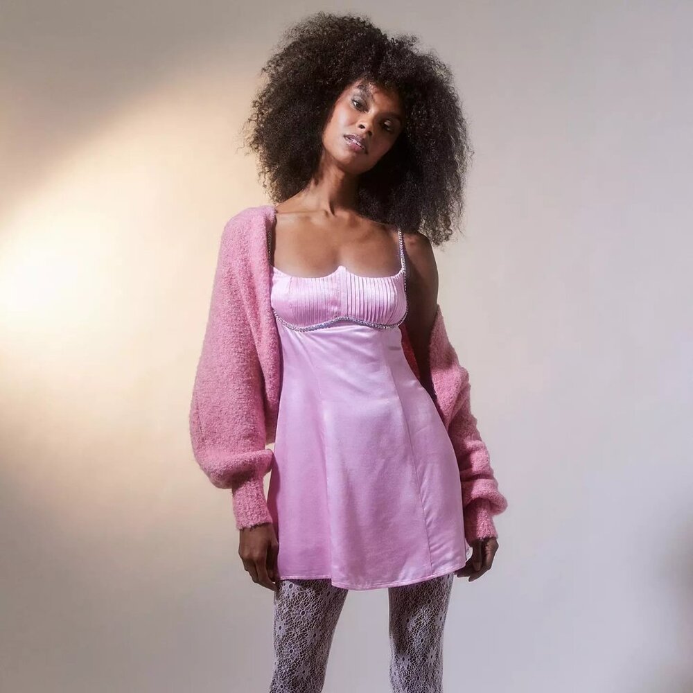 For Love & Lemons Elora Satin Strappy-Back Mini Pink Dress NWT